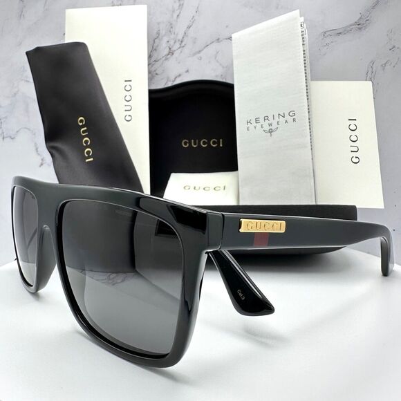 New GUCCI Sunglasses Black Square Aviator Gold Plate Engraved Logo Web Arm Gucci - Picture 8 of 16